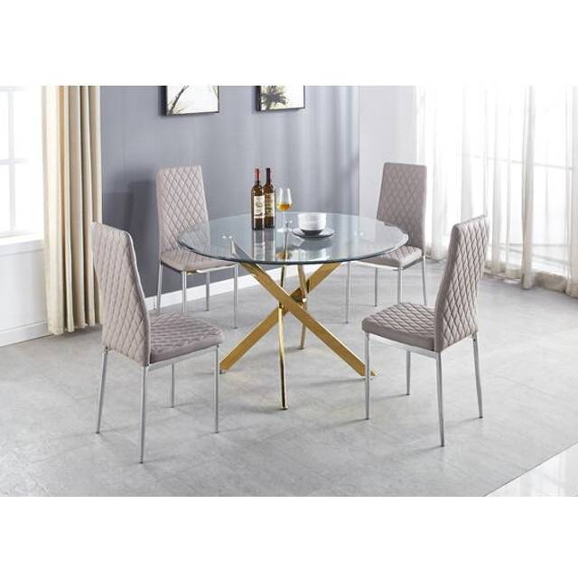 Novara Gold Metal Large Round Dining Table with 4 Milan Chairs Set - Cappuccino - Neutral