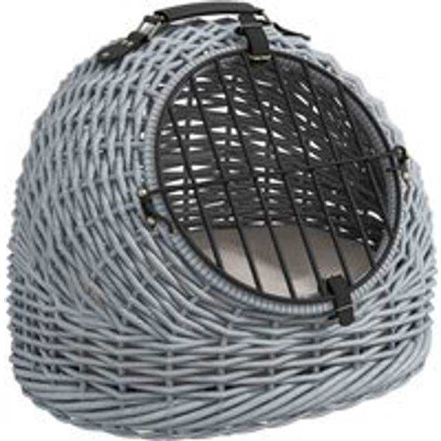 Wicker Cat Basket w/ Mat Handle Kitten Pussy Enclosed Bed Portable - Grey