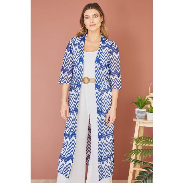 Yumi Womens Blue Zig Zag Crochet Long Knitted Kimono - Navy - Size 12 UK