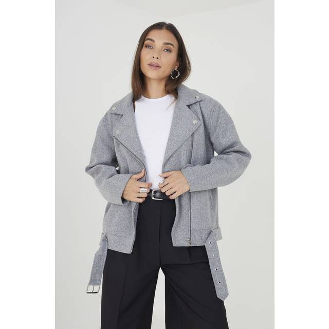 Faux Wool Oversized Biker Style Jacket - Grey - Size 14 - Brave Soul
