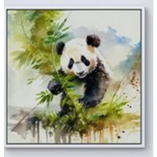 Panda Eating Bamboo Watercolour Framed Canvas - Off White - W30 inch x H30 inch