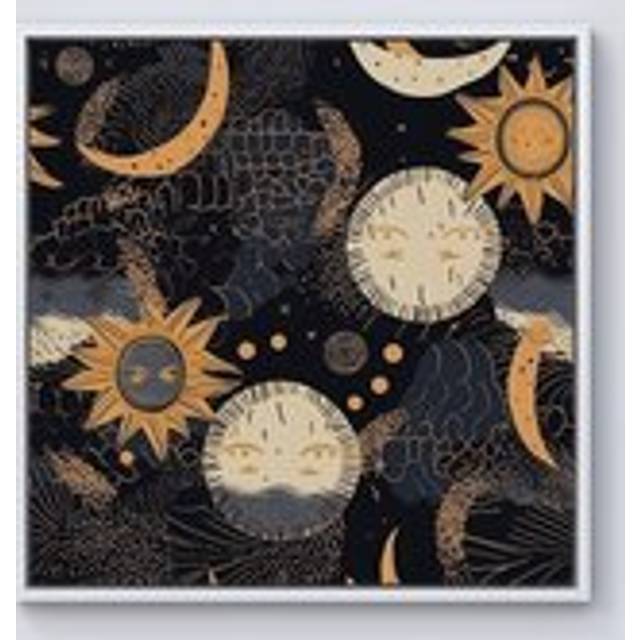Gold Sun and Moon Framed Canvas - Off White - W16 inch x H16 inch