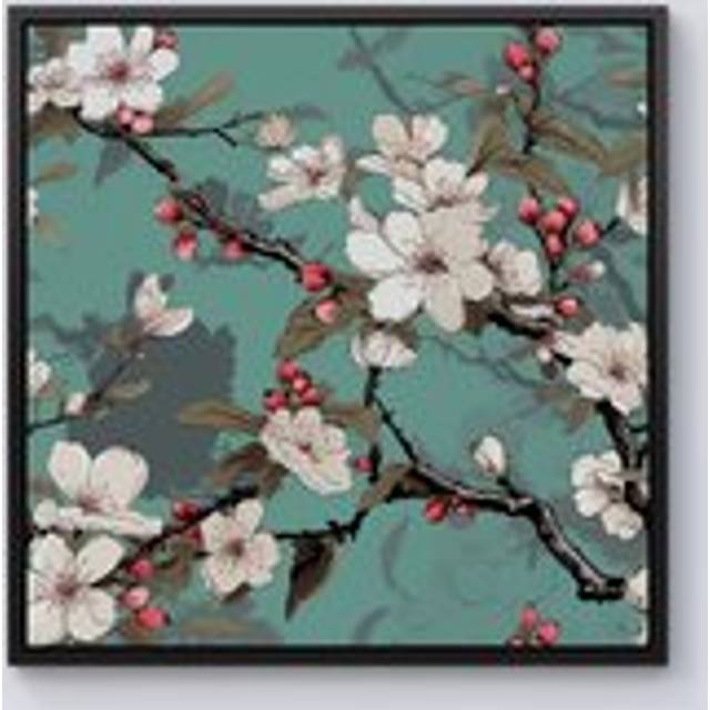 Pink Blossom Asian Design Framed Canvas - Black - W30 inch x H30 inch