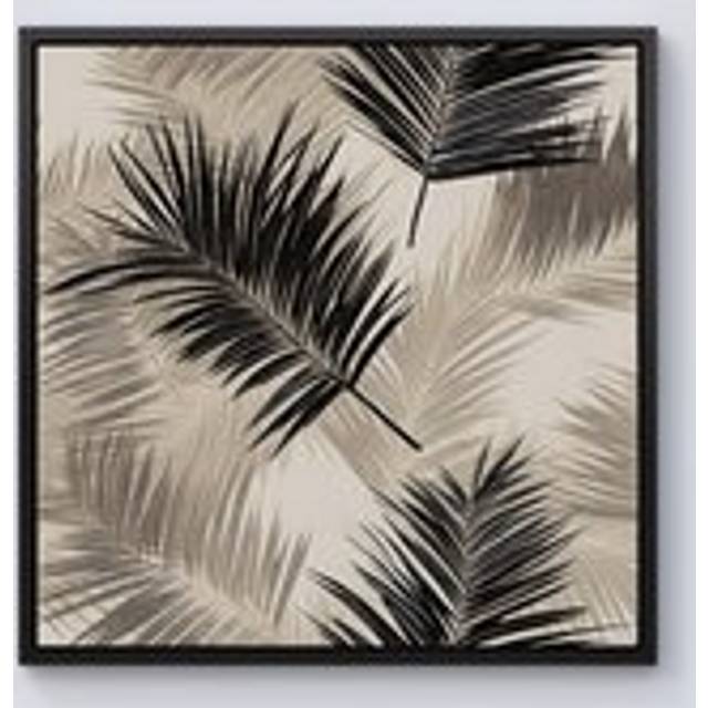 Black And White Tropical Palm Leaves Framed Canvas - W30 inch x H30 inch