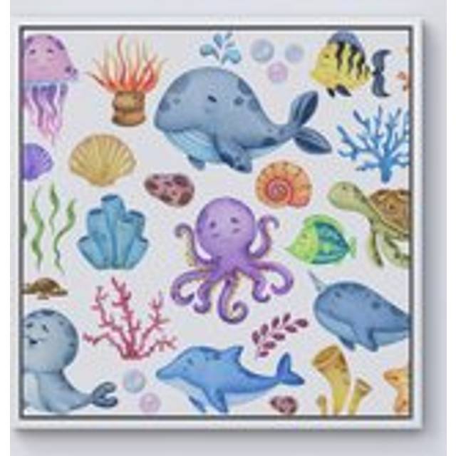 Children'S Sea Life Framed Canvas - Off White - W16 inch x H16 inch