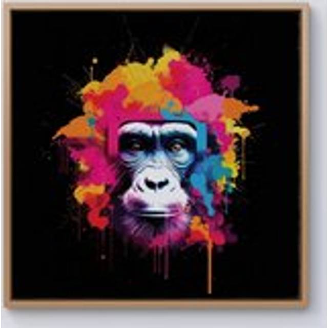Multi Coloured Monkey Face Framed Canvas - Light Brown - W16 inch x H16 inch