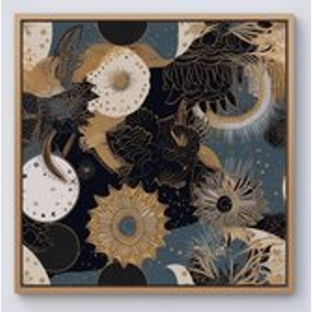 Abstract Blue Gold Moon Sun Framed Canvas - Light Brown - W16 inch x H16 inch