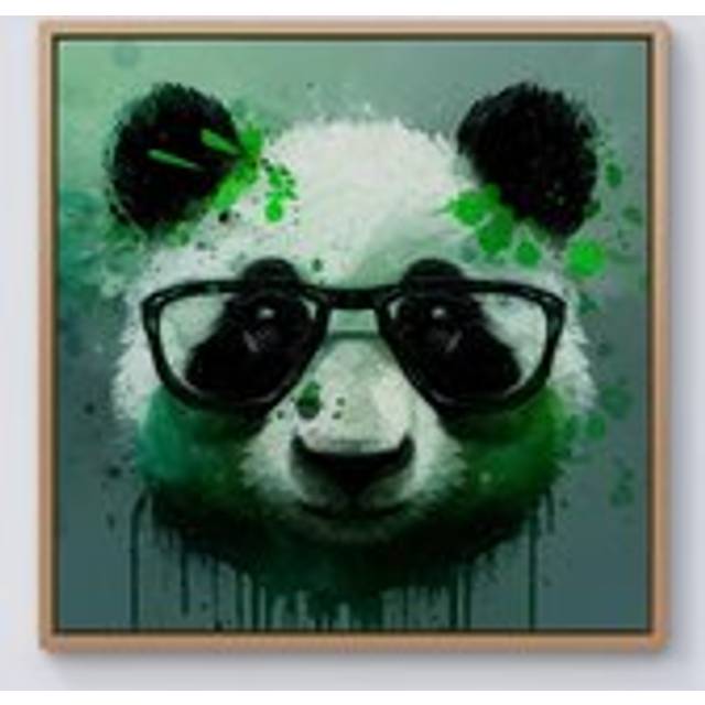 Panda With Glasses, Green Splashart Framed Canvas - Light Brown - W16 inch x H16 inch