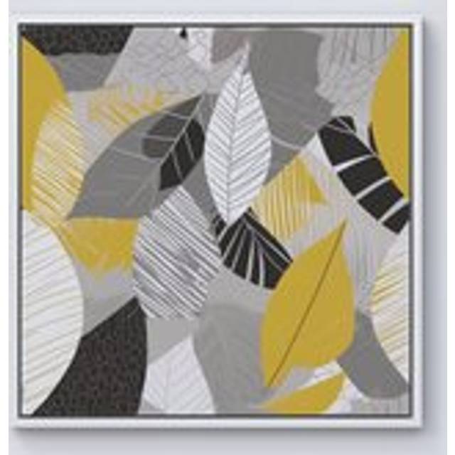 Grey Yellow Autumn Leaves Framed Canvas - Off White - W30 inch x H30 inch