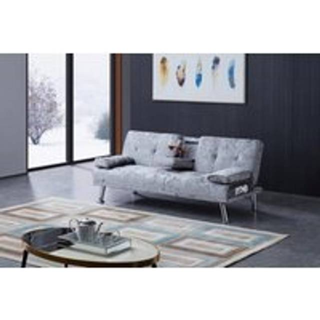 Crush Velvet Sofa Bed with Bluetooth And Drink Cup Holder - Grey - One Size