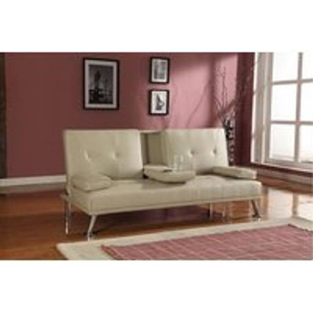 Faux Leather Italian Style Luxury Sofa Bed with Drink Cup Holder - Cream - One Size