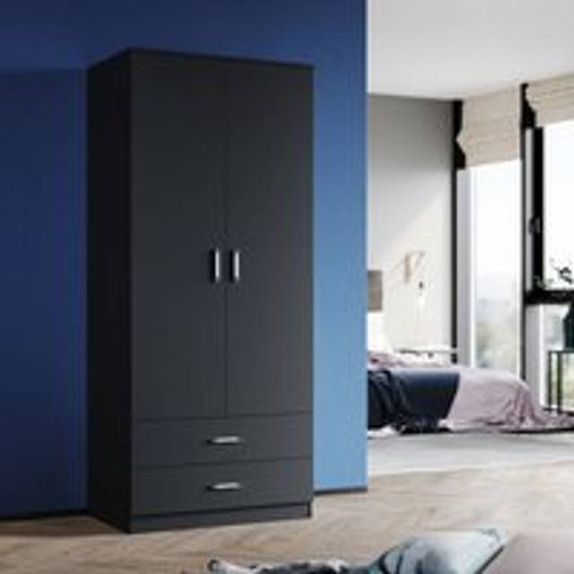 Elegant - Soft Close Wardrobe Double 2 Doors Wardrobe with Shelves and Metal Handles Bedroom Large Storage Wardrobe, Black