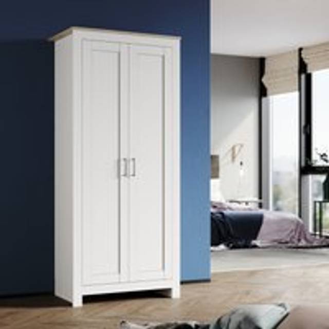 2 Door Double Wardrobe Solid Wood Style Wardrobe Large Storage Wardrobe White/Oak Bedroom Wardrobe - Elegant