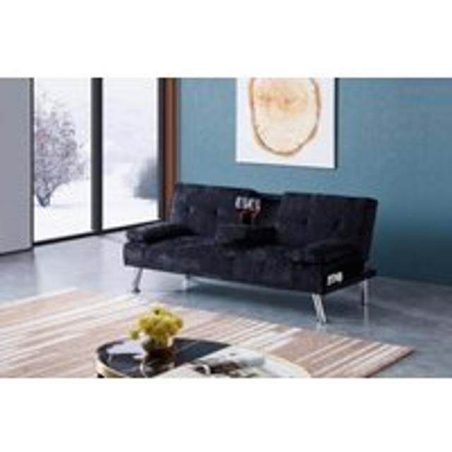 Crush Velvet Sofa Bed with Bluetooth And Drink Cup Holder - Black - One Size