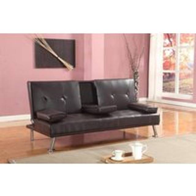 Faux Leather Italian Style Luxury Sofa Bed with Drink Cup Holder - Black - One Size