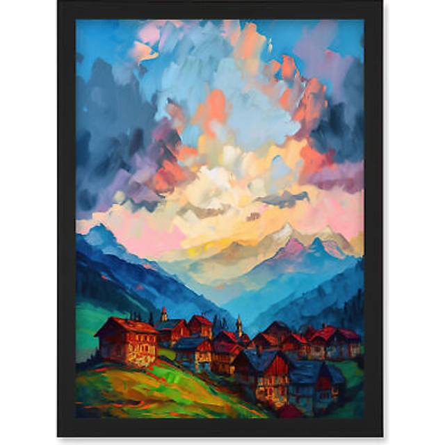 Atmospheric Clouds at Dawn Over Small Village Houses in the Alps Modern Watercolour Painting Artwork Framed Wall Art Print A4 - Black - One Size