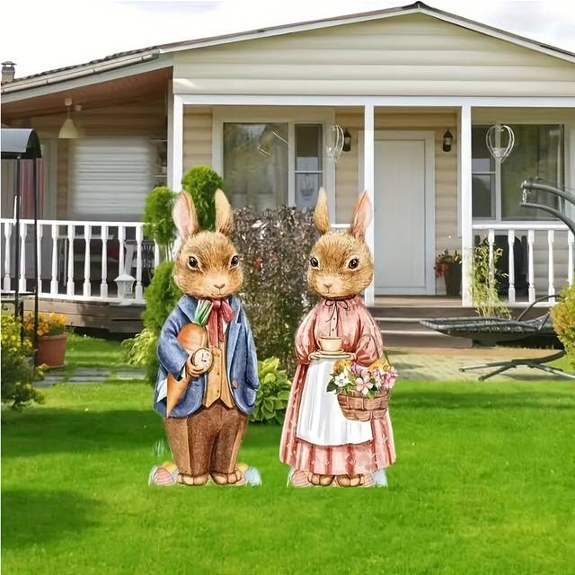 (2pcs) 2pcs Rabbit & Flower Sign With Stakes, Easter Decorations For Garden Lawn, Outdoor Yard Signs Decorations