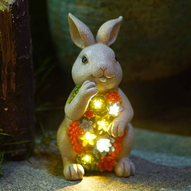 (Light Grey Rabbit) Outdoor Garden Decor Statues  Solar Garden Figurines Gifts for Mom Grandma Women