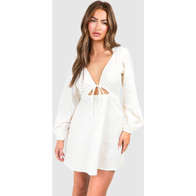 Womens Linen Look Tie Front Puff Sleeve Mini Dress - Stone - 12