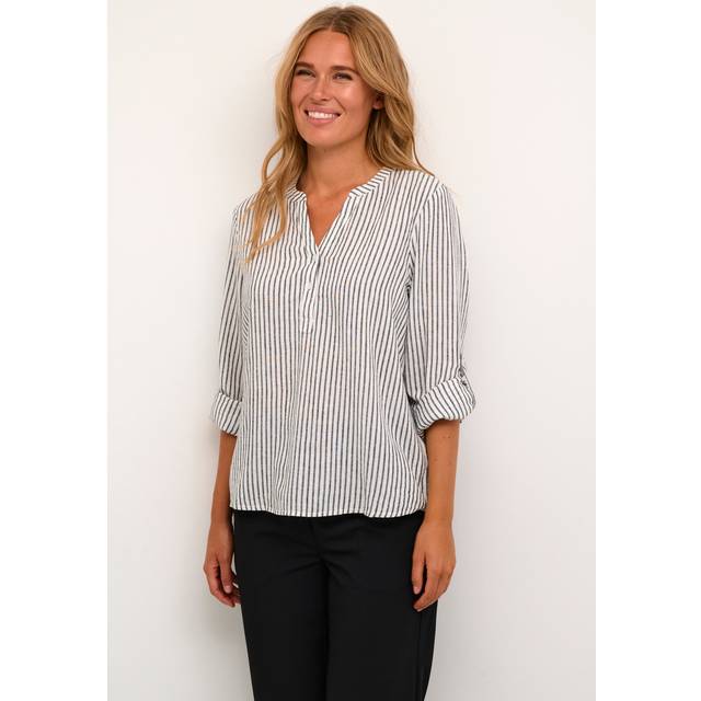Kaffe Milia Long Sleeve Notch Neck Blouse Striped In White - 10
