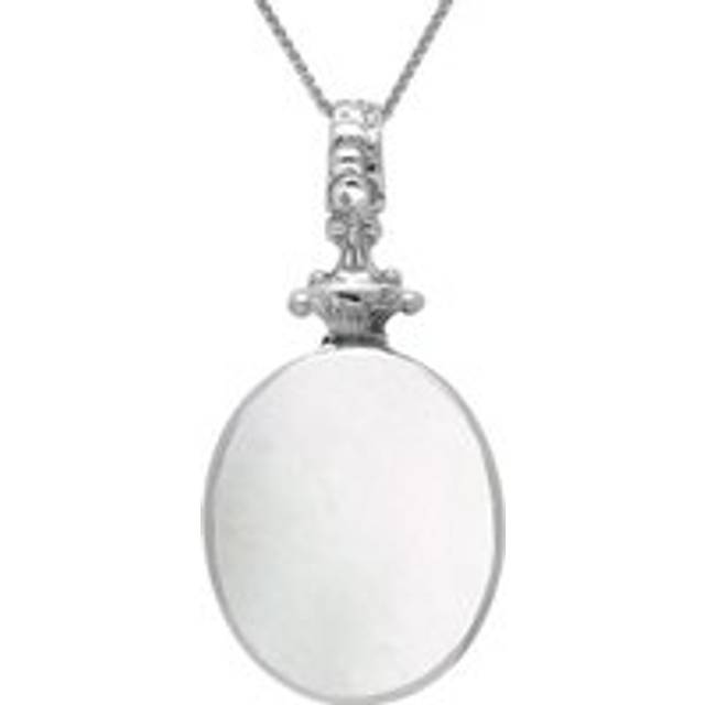 9ct White Gold Whitby Jet White Mother Of Pearl Double Sided Oval Fob Necklace - White Gold