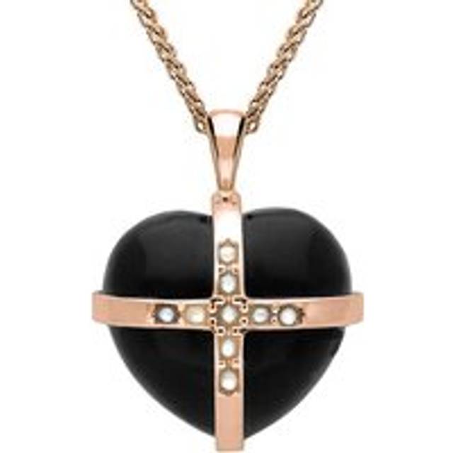 9ct Rose Gold Whitby Jet Pearl Nine Stone Medium Cross Heart Necklace