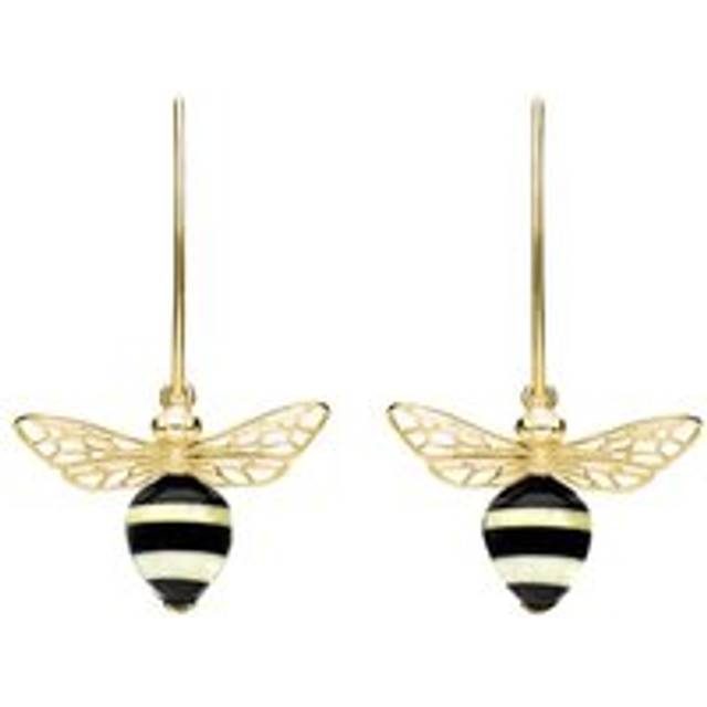 9ct Yellow Gold Amber Whitby Jet Bee Small Hook Earrings - Gold