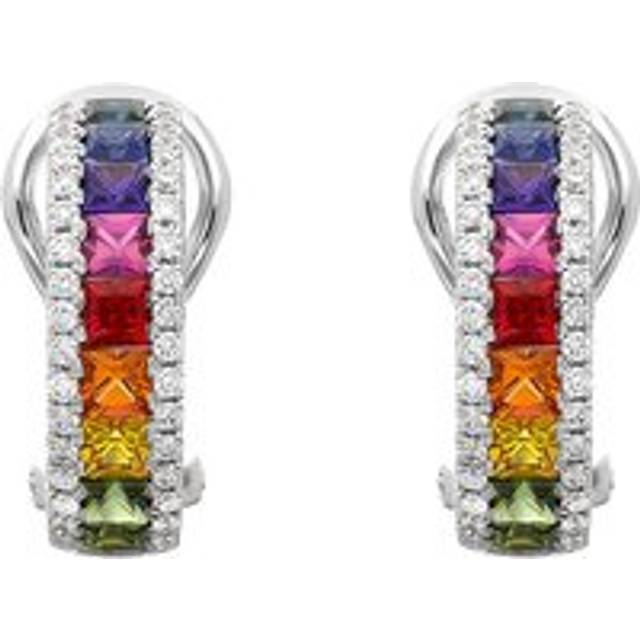18ct White Gold Sapphire Diamond Princess Cut Multicolour Hoop Earrings - Option1 Value White Gold