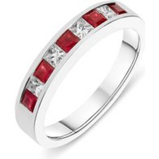 18ct White Gold Princess Cut 0.30ct Diamond Ruby Half Eternity Ring - TITLE White Gold