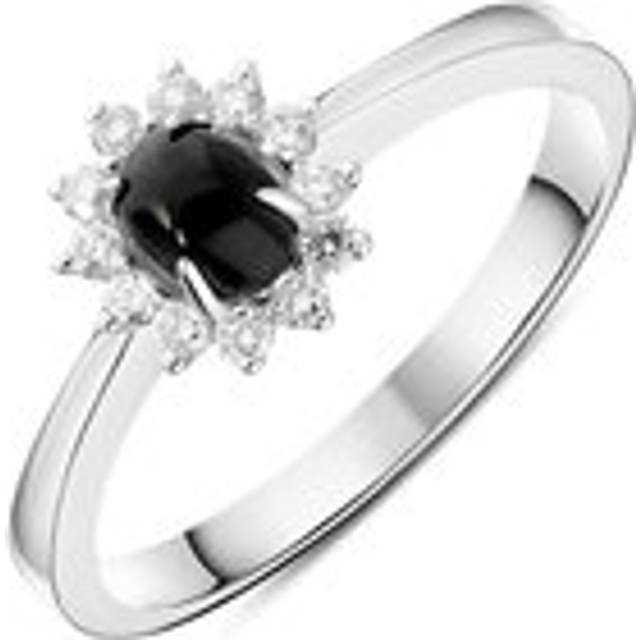 18ct White Gold Whitby Jet 0.14ct Diamond Oval Flower Ring - K