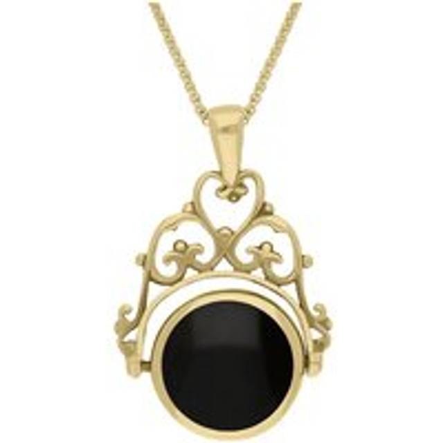 9ct Yellow Gold Whitby Jet Mother Of Pearl Double Sided Round Swivel Fob Necklace - Yellow Gold