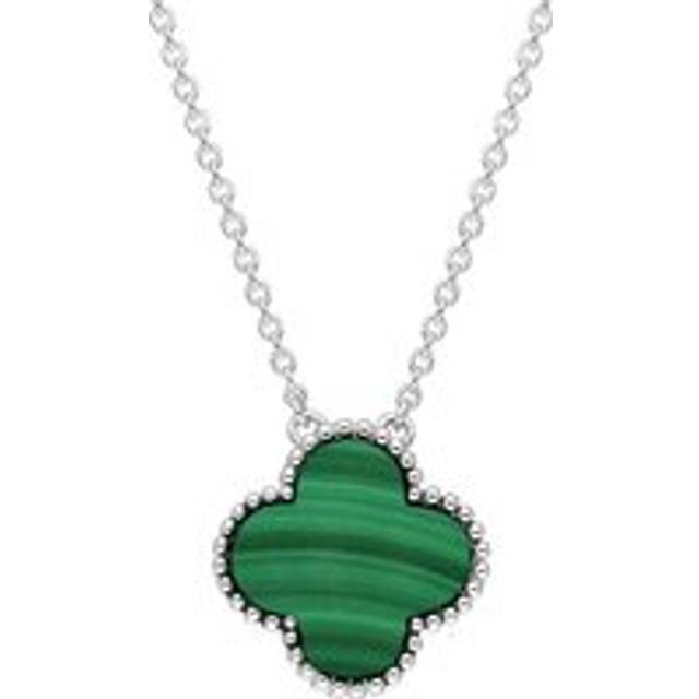 18ct White Gold Malachite Bloom Large Four Leaf Clover Ball Edge Chain Necklet