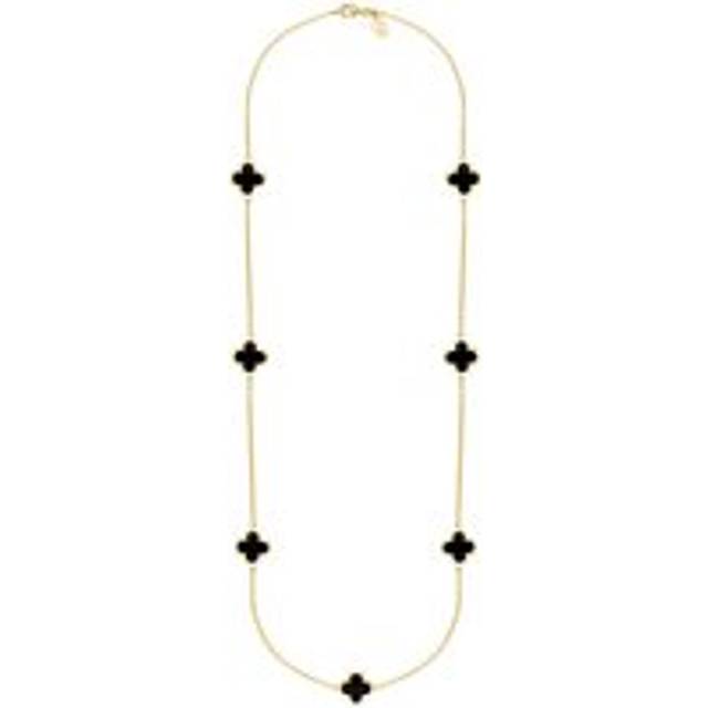18ct Yellow Gold Whitby Jet Bloom Four Leaf Clover Long Necklace