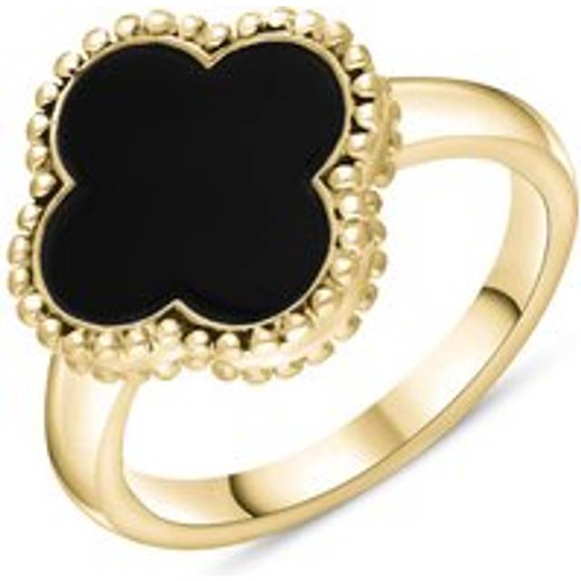 18ct Yellow Gold Whitby Jet Bloom Four Leaf Clover Ball Edge Ring