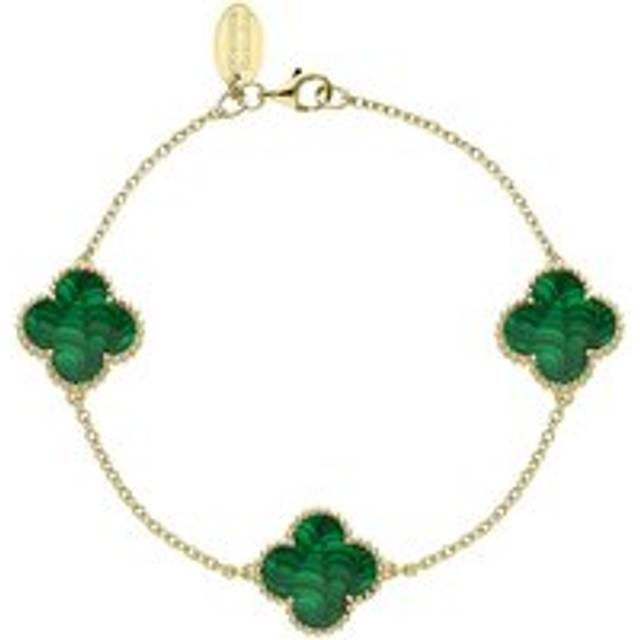 9ct Yellow Gold Malachite Bloom Four Leaf Clover Ball Edge Chain Bracelet