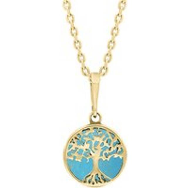 9ct Yellow Gold Small Turquoise Round Tree of Life Necklace - Gold