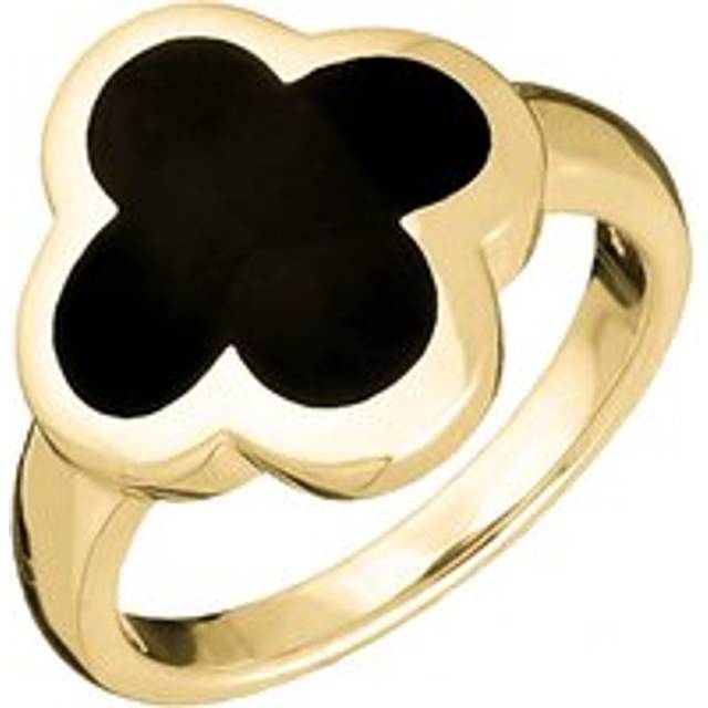 18ct Yellow Gold Whitby Jet Bloom Four Leaf Clover Ring