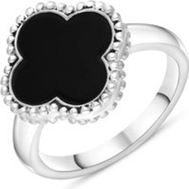 18ct White Gold Whitby Jet Bloom Four Leaf Clover Ball Edge Ring
