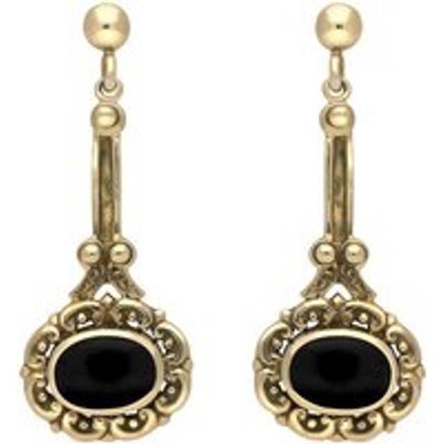 9ct Yellow Gold Whitby Jet Ornate Antique Oval Drop Earrings