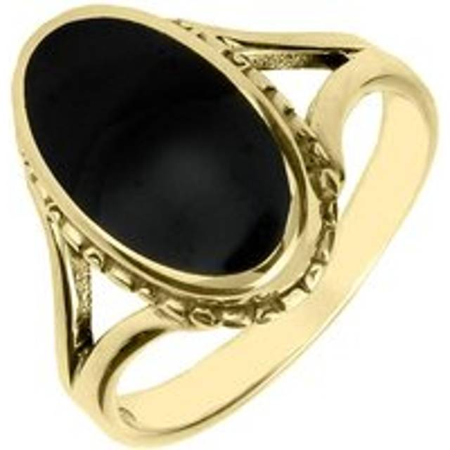 9ct Yellow Gold Whitby Jet Oval Rope Edge Ring - Yellow Gold