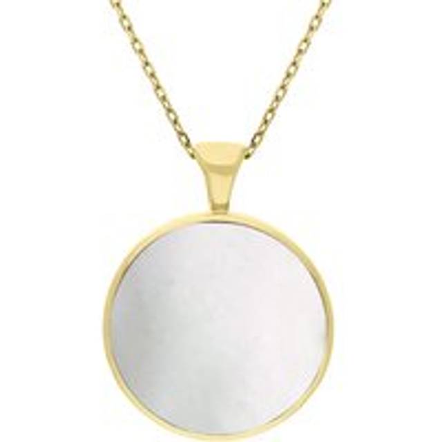 9ct Yellow Gold Whitby Jet Mother Of Pearl Large Double Sided Round Fob Necklace - Yellow Gold