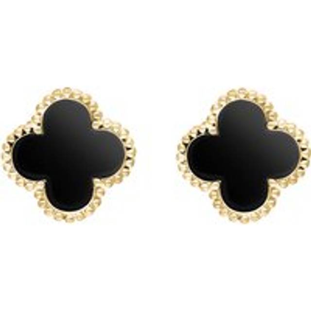 18ct Yellow Gold Whitby Jet Bloom Four Leaf Clover Ball Edge Stud Earrings