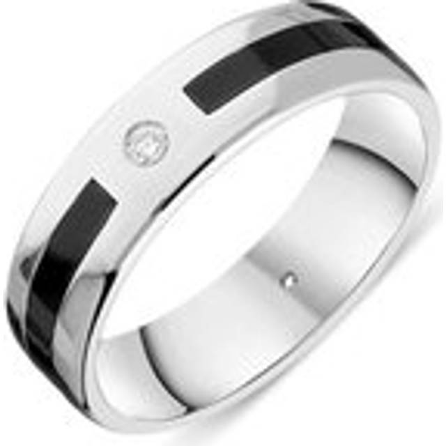 18ct White Gold Whitby Jet Diamond 6mm Patterned Wedding Band Ring - Gold