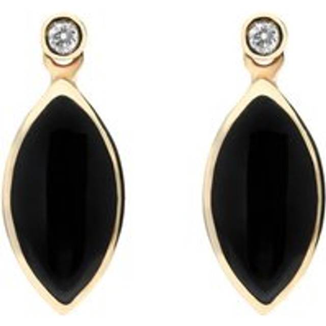 9ct Yellow Gold Whitby Jet Diamond Marquise Shaped Drop Earrings