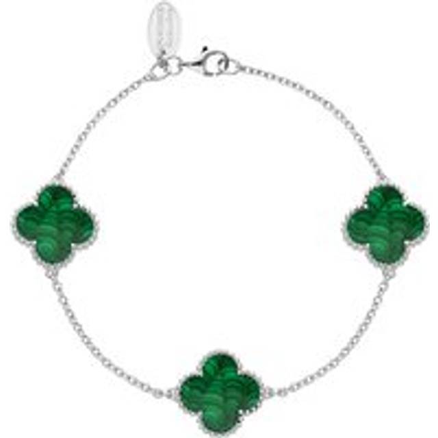 9ct White Gold Malachite Bloom Four Leaf Clover Ball Edge Chain Bracelet
