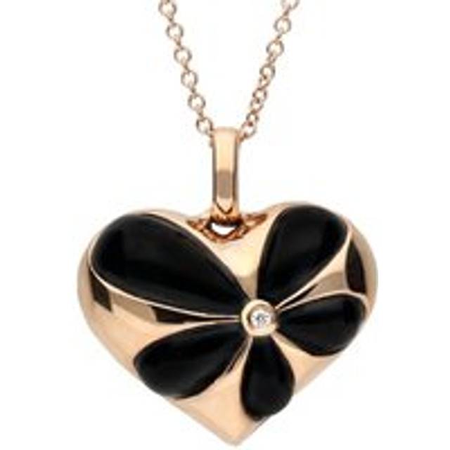 18ct Rose Gold Whitby Jet Diamond Flower Heart Necklace - Option1 Value Rose Gold