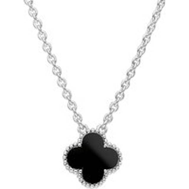 18ct White Gold Whitby Jet Bloom Small Four Leaf Clover Ball Edge Chain Necklace