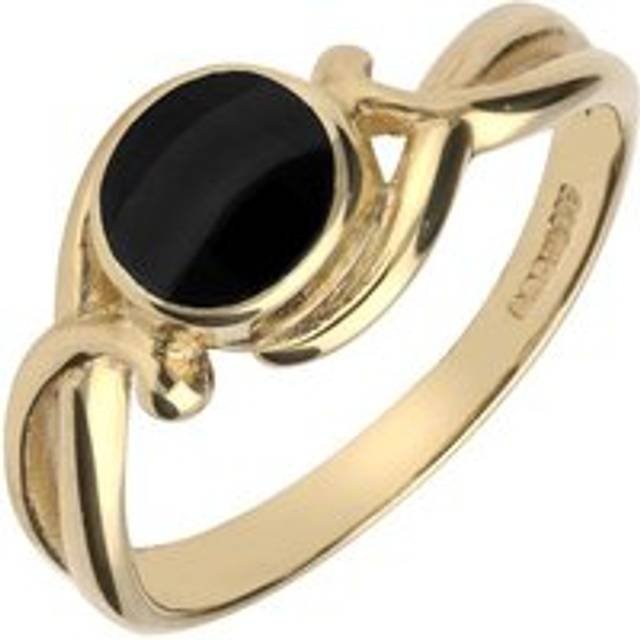 9ct Yellow Gold Whitby Jet Round Scroll Ring - Yellow Gold