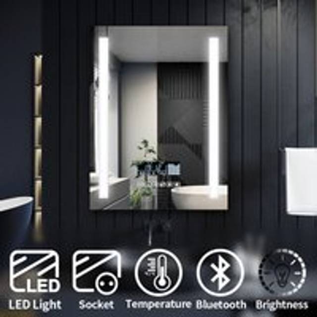 Elegant - Clock Temperature Display Mirror Round Backlit Illuminated Bathroom Mirror 600x800mm Bathroom Mirror with and Shaver Socket