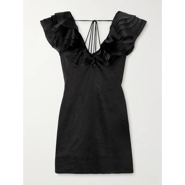 Aje - Charmed Ruffled Satin-trimmed Linen-blend Mini Dress - Black - UK 16